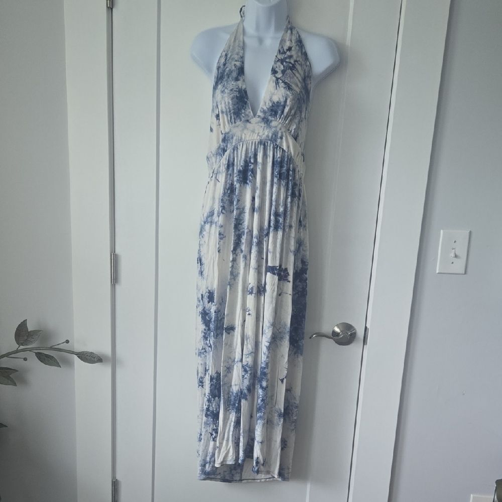 Blue and White Pleated Halter Maxi Dress